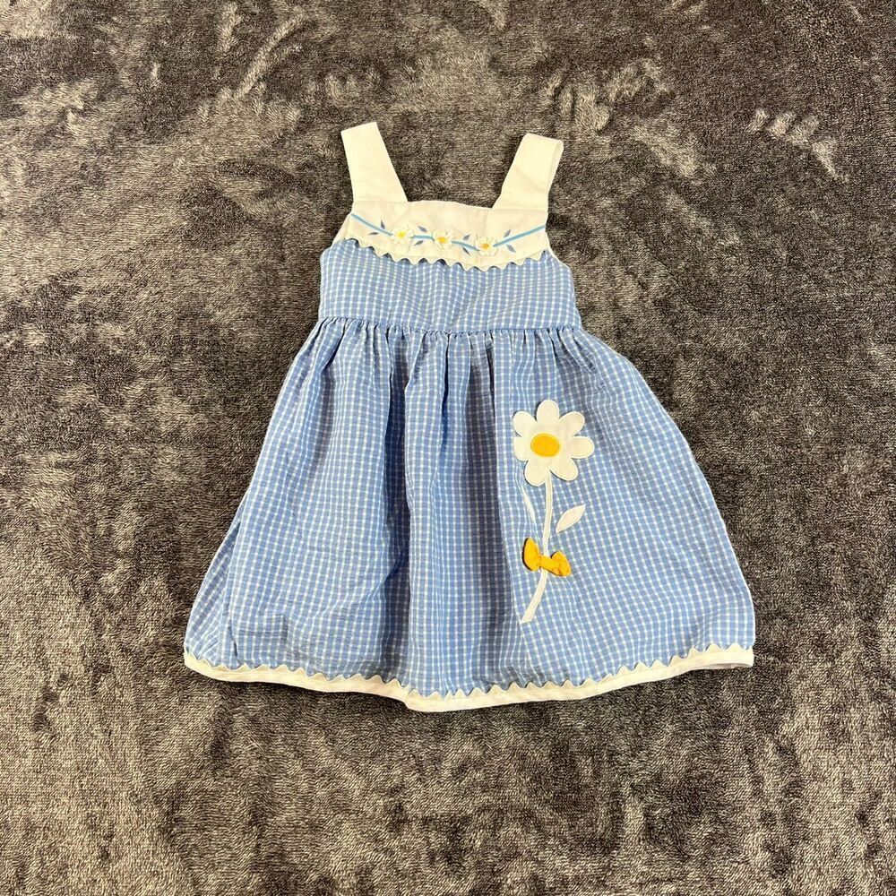 Vtg Little Bitty Gingham Blue Floral Embroidered Dress Sleeveless Girl 4 Tie